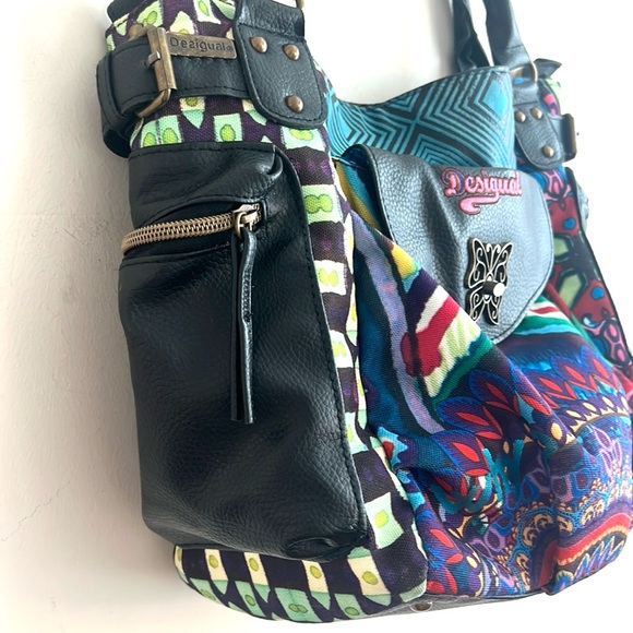 Desigual Boho Multicolor Butterfly Flower Bag With Vegan Black Leather T… - Picture 2 of 13